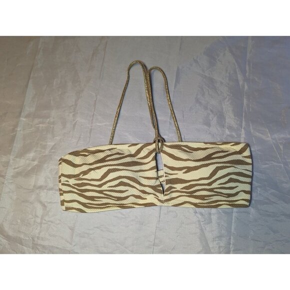 AERIE ZEBRA STRIPED BIKINI SMALL CREAM BROWN TAN BANDEAU KEYHOLE GOLDEN HALTER - Picture 1 of 13